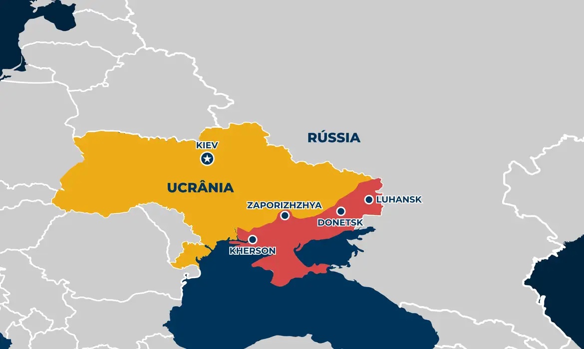 Guerra da Ucrânia: Mapa mostra fronteira da Rússia com a Ucrânia. Países estão em guerra desde 2022. Arte: Agência Brasil