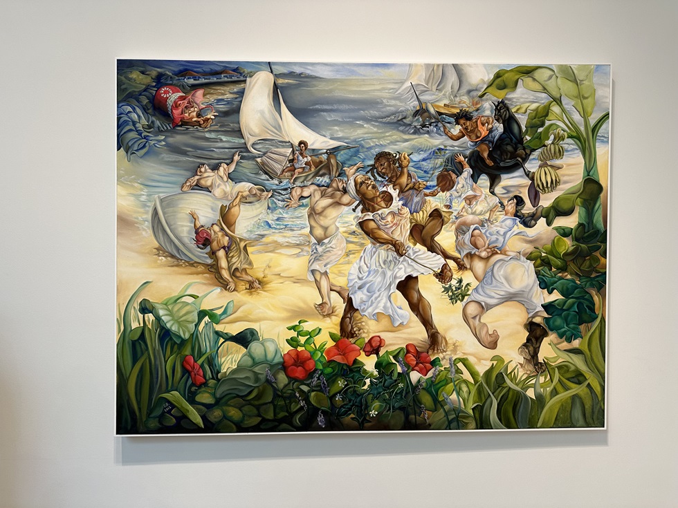Pintura a óleo de Rik Freeman, A Liberdade de Maria Felipa, na exposição Bahia Reverb, em Los Angeles