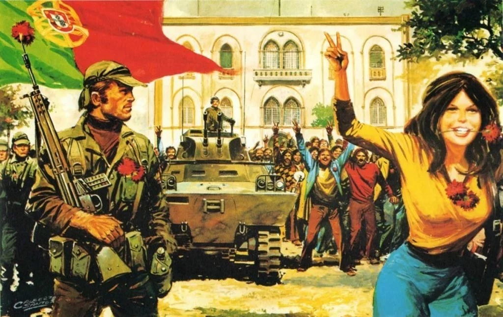 Ilustração da Revolução dos Cravos feita por Carlos Alberto Santos