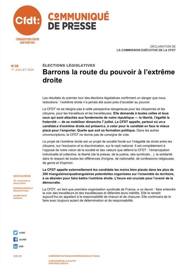 Nota da CFDT, Central Sindical Francesa