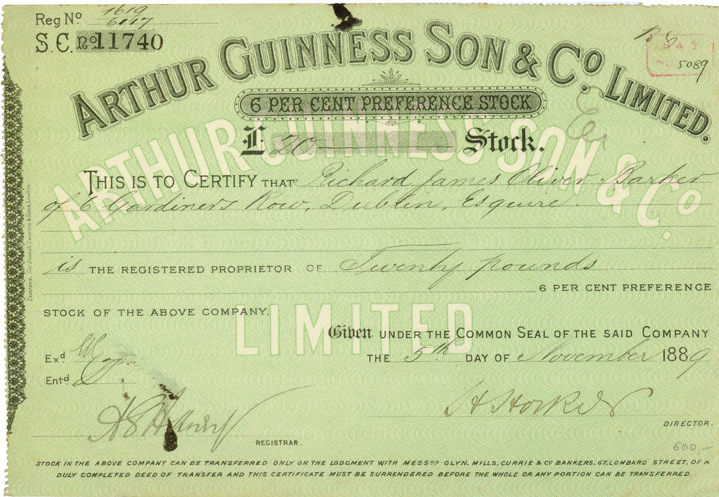 Arthur Guinness Son & Co. Limited, 6% de ações preferenciais, emitida em 5 de novembro de 1889