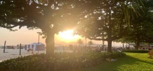 A intensa onda de calor atinge o Sudeste e Sul do Brasil. Entenda os impactos e os cuidados necessários para a saúde. Foto: Santos, São Paulo.