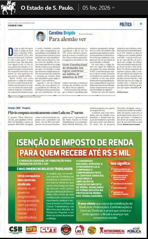 Centrais destacam isenção do IR em informe no Estadão