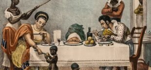 Uma família brasileira do século XIX sendo servida por escravos, pintado por Jean-Baptiste Debret, c. 1830