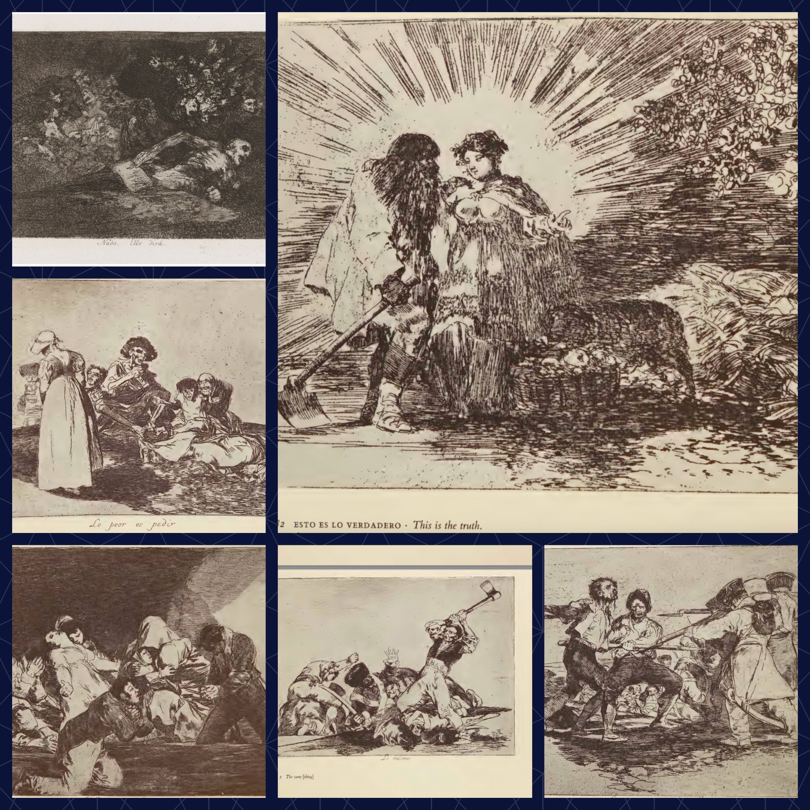 A série de gravuras de Goya, Los Desastres de la Guerra ("Os Desastres da Guerra"), criada entre 1810 e 1820, oferece uma expressão artística singularmente concentrada da cesura histórica da Guerra da Independência Espanhola.