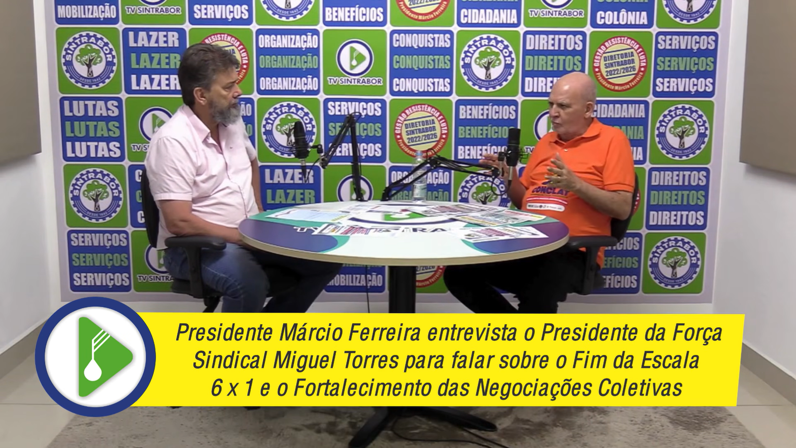 Miguel Torres e Márcio Ferreira em entrevista para TV Sintrabor: defesa da redução da jornada de trabalho, do fim da escala 6x1 e das negociações coletivas. Miguel Torres e Márcio Ferreira em entrevista para TV Sintrabor: defesa da redução da jornada de trabalho, do fim da escala 6x1 e das negociações coletivas.