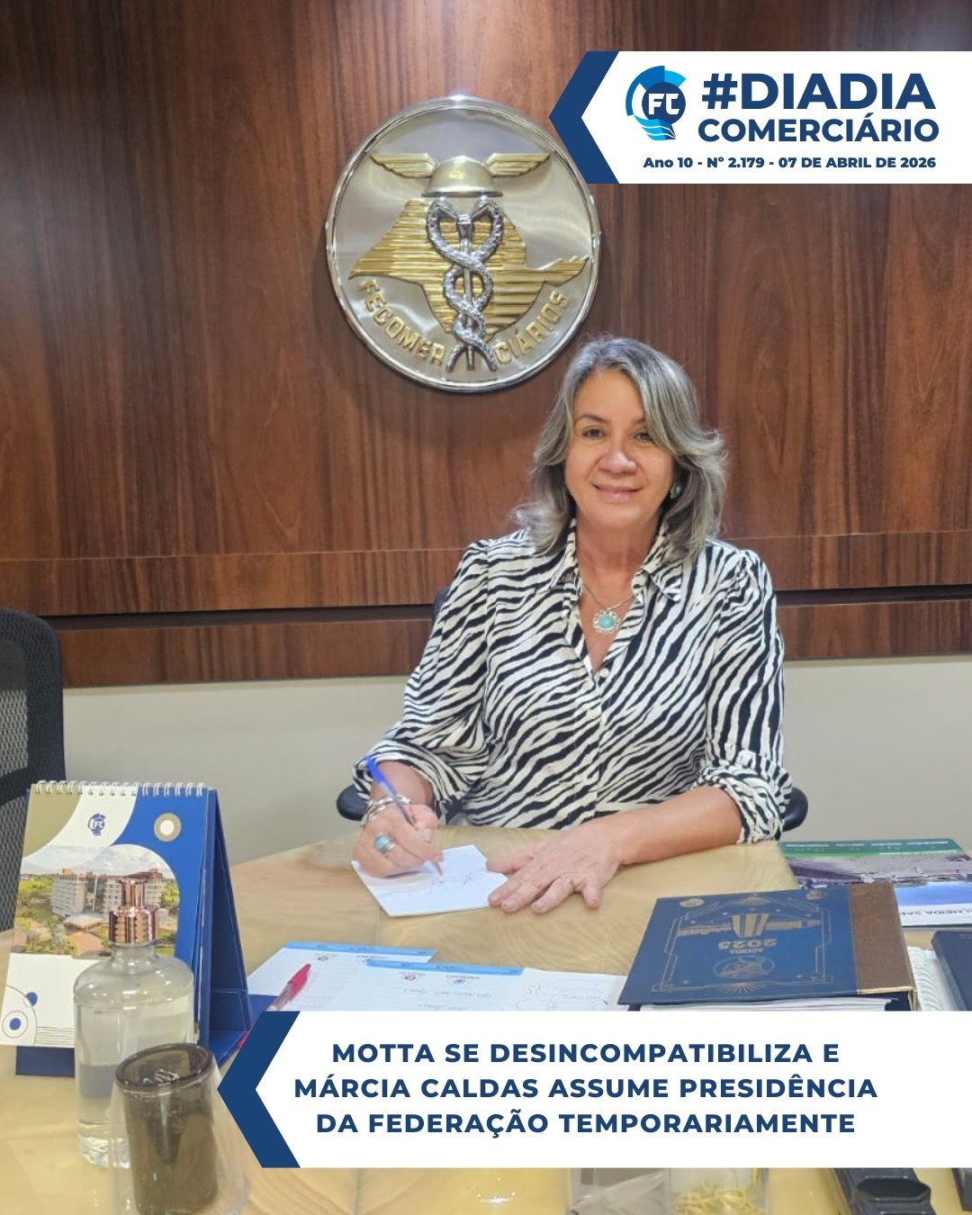 Márcia Caldas assume interinamente a presidência da Fecomerciários durante a licença de Luiz Carlos Motta para reeleição.