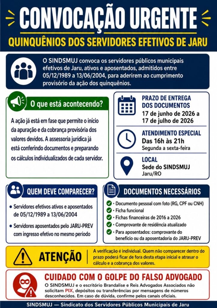 SINDSMUJ convoca servidores para garantir quinquênios
