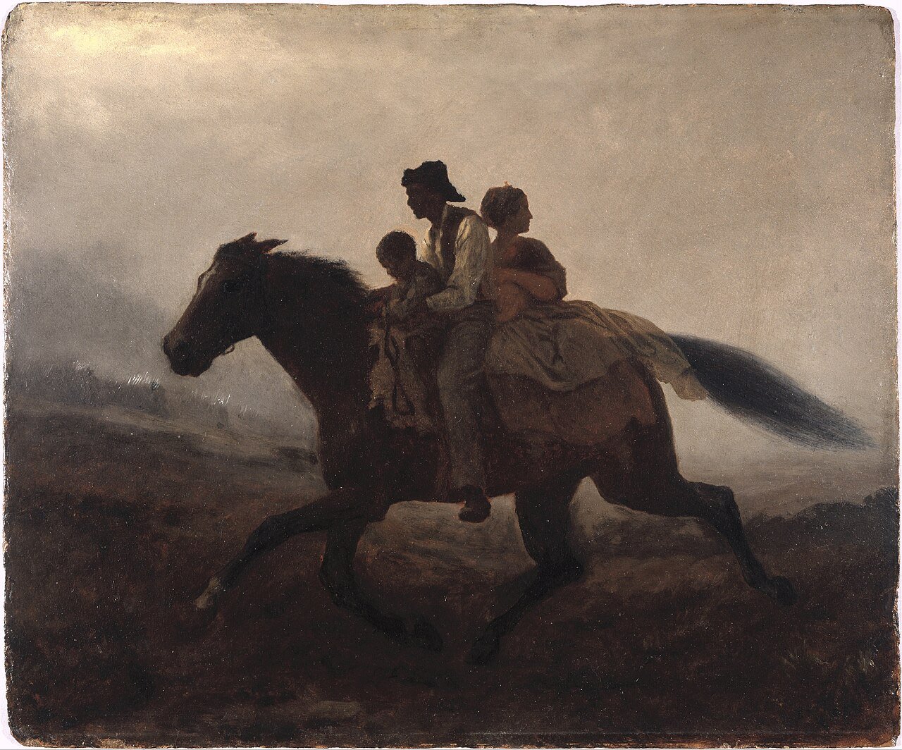 Uma Cavalgada pela Liberdade – Os Escravos Fugitivos , óleo sobre cartão, c. 1862 por Eastman Johnson ( Museu do Brooklyn 40.59ab)