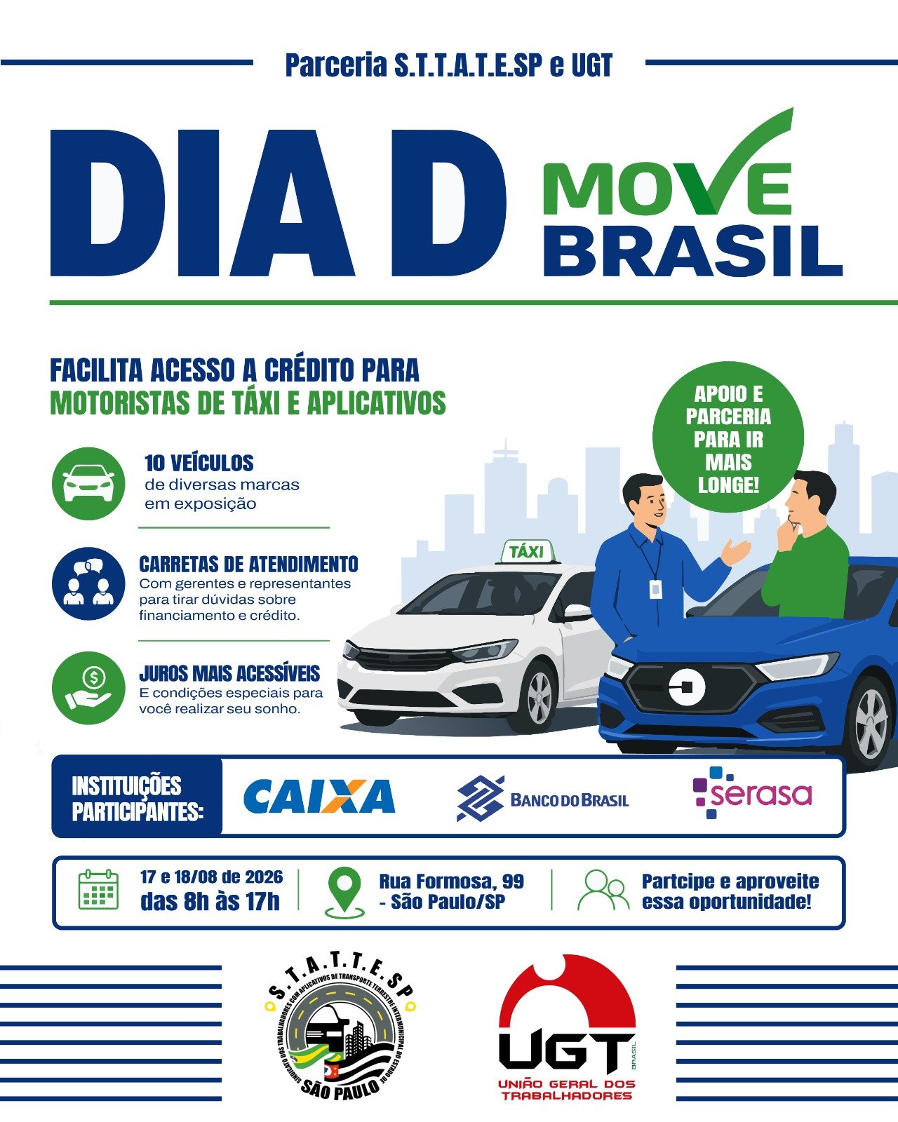 Dia D do Move Brasil: taxistas e motoristas têm acesso a veículos novos com taxas de juros reduzidas nos dias 17 e 18 de agosto.