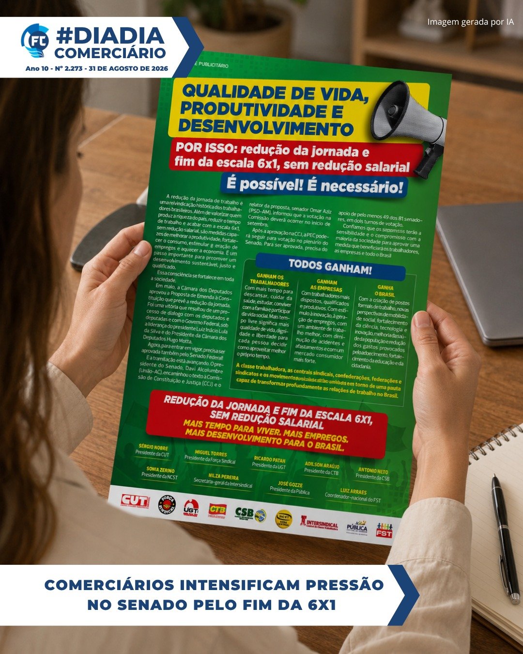 Centrais Sindicais publicaram anúncio unitário, de página inteira, pelo fim da escala 6x1.
