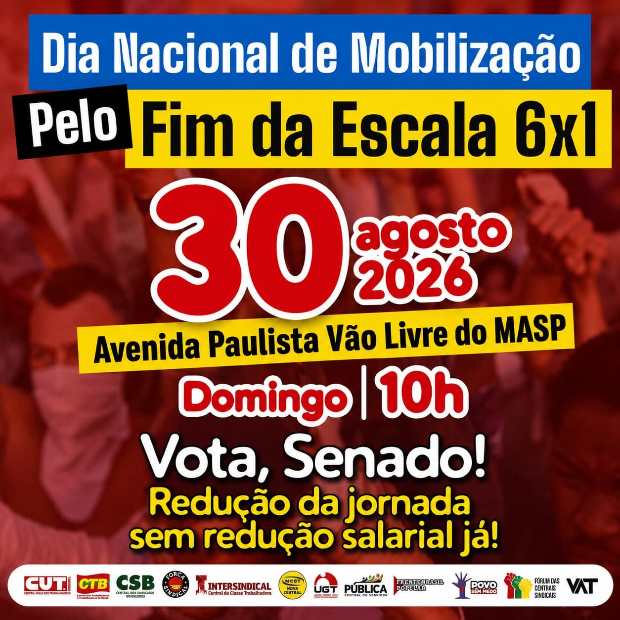 A Mobilização na Paulista busca mais descanso e qualidade de vida. Venha apoiar a causa no Dia Nacional de Mobilização. A Mobilização na Paulista busca mais descanso e qualidade de vida. Venha apoiar a causa no Dia Nacional de Mobilização.