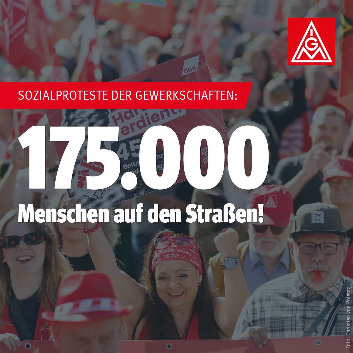 Cerca de 175 mil pessoas protestaram na Alemanha por políticas sociais, defendendo empregos e direitos trabalhistas. Imagem: redes sociais do IG Metall