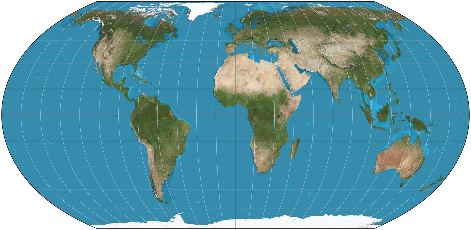Projeção da Terra igual. Graticulado de 15°. A imagem é derivada do compósito do mês de verão do Blue Marble da NASA, com os oceanos clareados para melhorar a legibilidade e o contraste. Imagem criada com o software de projeções cartográficas Geocart. Wikipedia