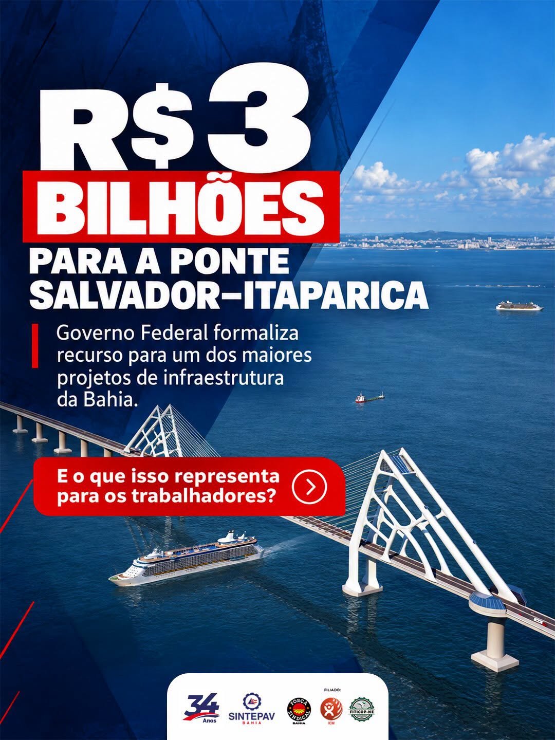 A construção da Ponte Salvador–Itaparica trará R$ 3 bilhões em investimentos e 7 mil empregos diretos e indiretos.