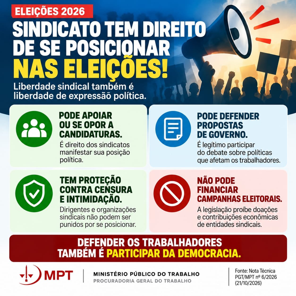 MPT reafirma direito dos sindicatos de se posicionar nas eleições